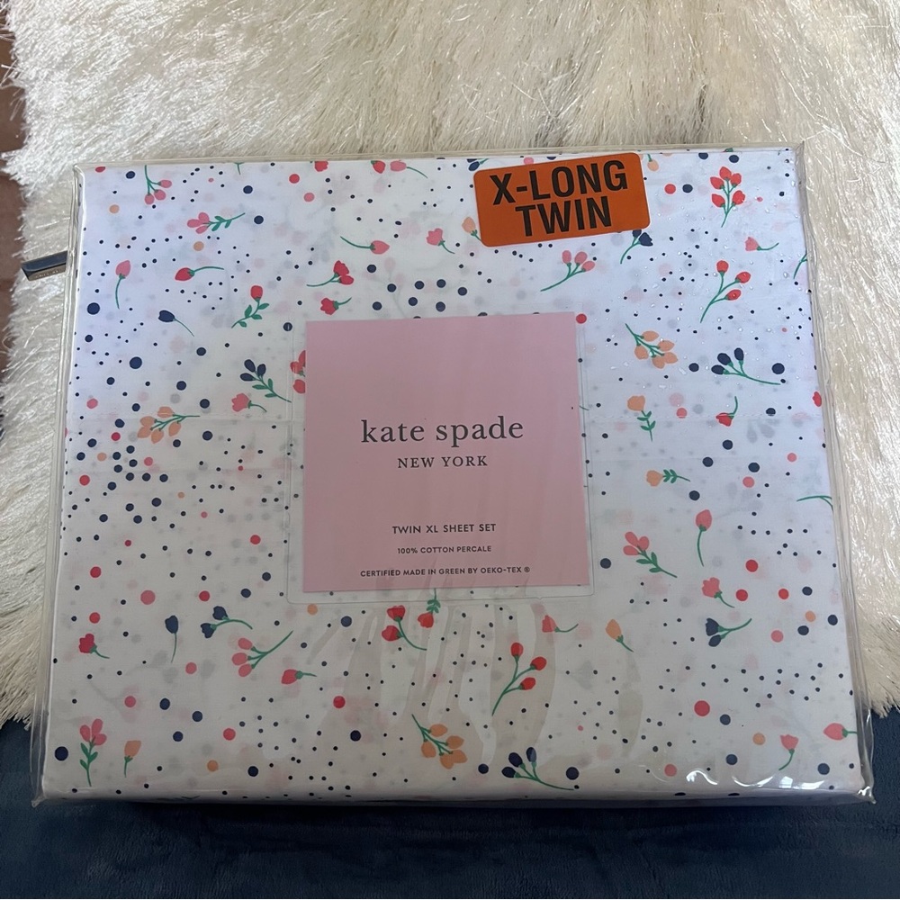 New Kate Spade Twin XL Sheet Set Cotton Percale White Dot Floral Country Multi